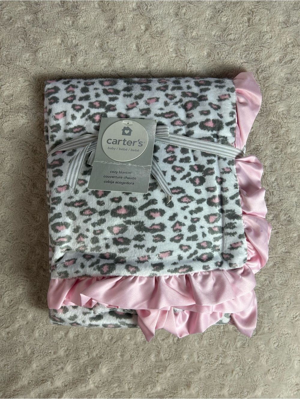 Carter's Gray White Leopard Print Baby Blanket Pink Ruffle Edge Trim Cheetah